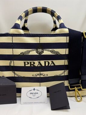 Prada Navy and Cream Striped Canvas Tote with Gold Accents